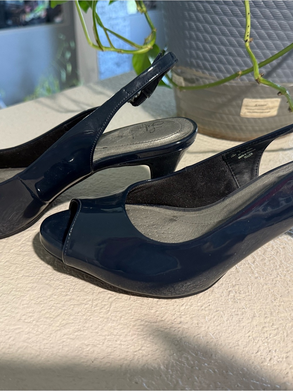 Life Stride Navy Patent Slingback Peep-Toe Heels